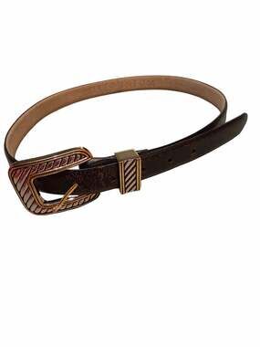 Vintage Millennium Black Leather Belt Silver/Gold Engraved Buckle Size XL